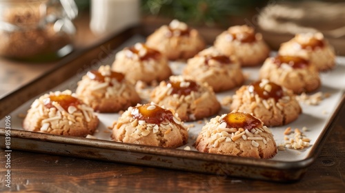 Close-up of thumbprint cookies with jam on a baking tray, garnished with shredded coconut.
