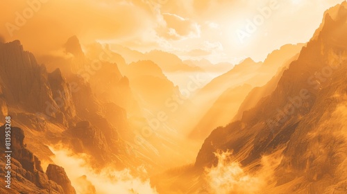 Sunset bathes the Italian Dolomites in a warm glow, with rays filtering through peaks and mist. photo