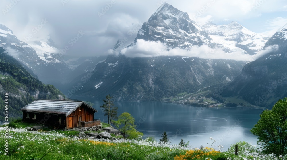 A quaint cabin overlooking a serene lake with majestic mountains shrouded in mist in the background. A quaint cabin overlooking a serene lake with majestic mountains shrouded in mist in the background.