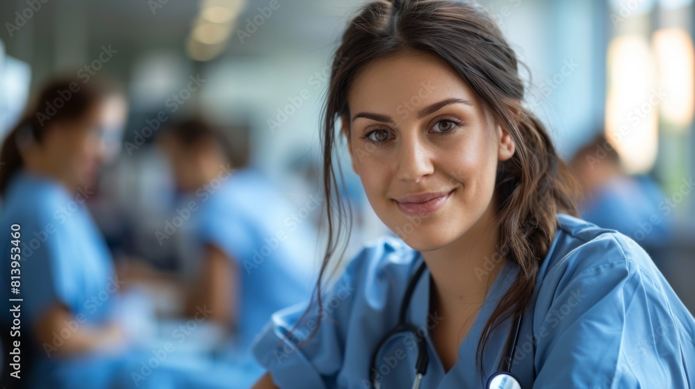 A medical office assistant with a stethoscope smiles confidently at the camera, colleagues in background. A medical office assistant with a stethoscope smiles confidently at the camera, colleagues in background.