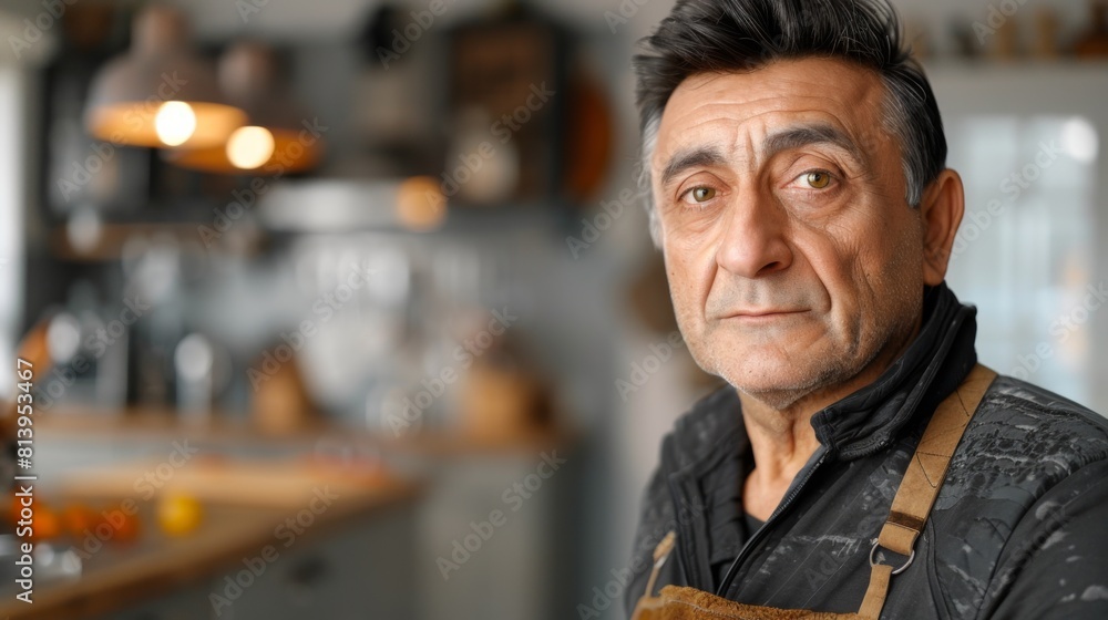Mature man with hair stubble wearing an apron stands in a home kitchen, looking thoughtful. Mature man with hair stubble wearing an apron stands in a home kitchen, looking thoughtful.