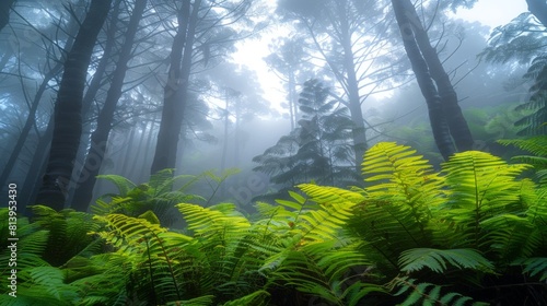 Misty forest scene with lush ferns and twisted trees bathed in soft light. photo