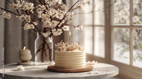 Elegant birthday cake with lit candle on a table