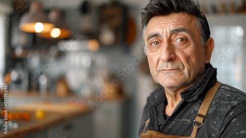 Mature man with hair stubble wearing an apron stands in a home kitchen, looking thoughtful. photo