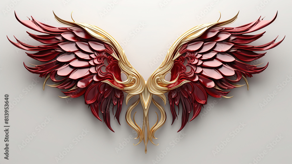 Fototapeta premium Minimalistic Art Of Gold And Red Feathered Wings On White Background
