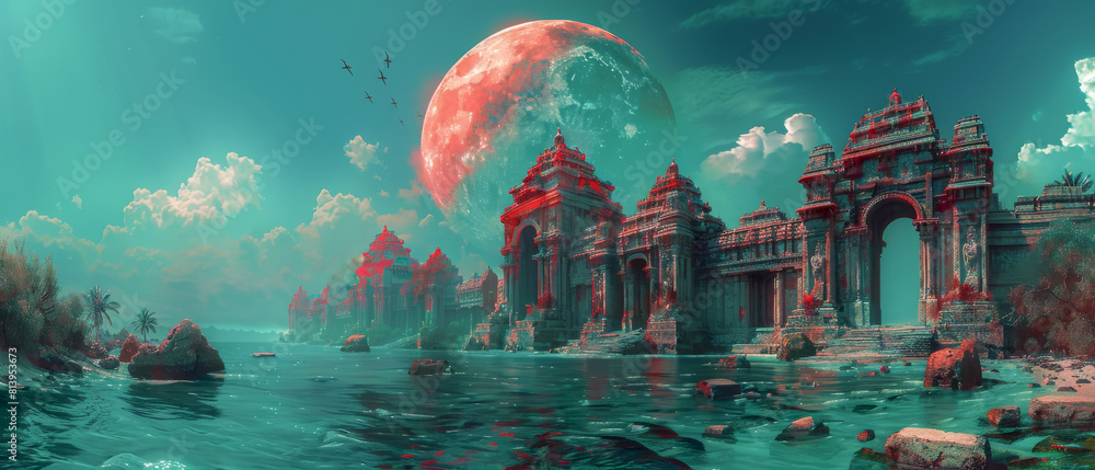 Obraz premium Blue sky with large red and orange moon, ancient ruins and water lake