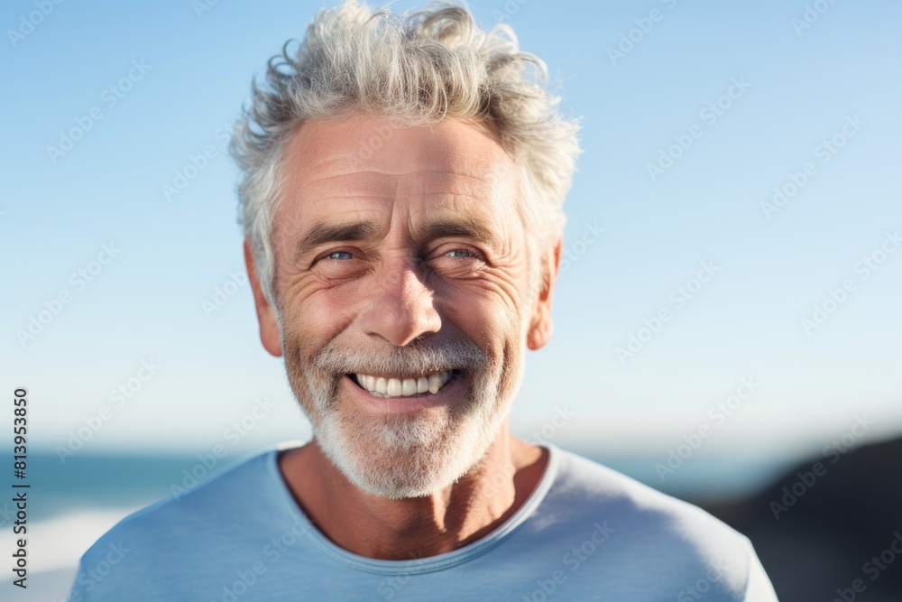 Portrait of a happy man in his 60s smiling at the camera while standing against pastel blue background Portrait of a happy man in his 60s smiling at the camera while standing against pastel blue background