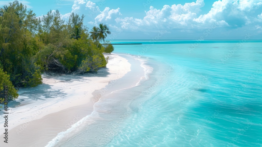 Aerial view of a tranquil lagoon with clear turquoise waters adjacent to a pristine white sandy beach, flanked by lush greenery under a blue sky.