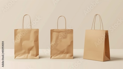 Mockup of brown paper bag and handle. Icon merchandising design collection. 3d illustration of retail reusable branding merchandise.