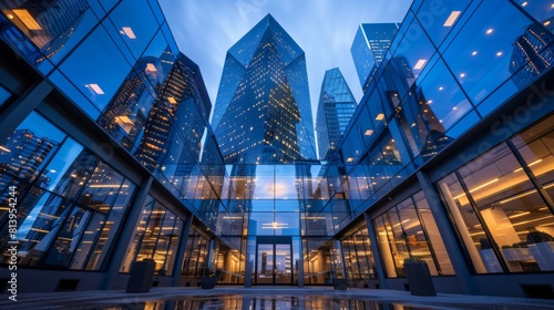 Low-angle view of an office building s entrance with illuminated windows against a dusky sky.