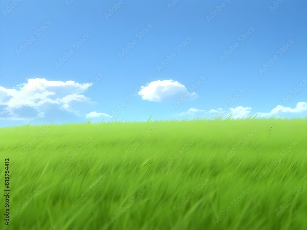 4k Natural Meadow Grass Swayed by Wind Blow. Amazingly Beautiful Endless Fields of Green Grass Go Far to The Horizon. Grass Field is Relaxing. 3D Animation with Seamless Loop.Anime style Generative AI