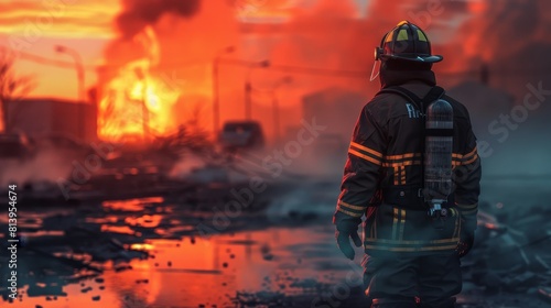 Wallpaper Mural Dramatic scene of a firefighter looking at a devastating fire scene, with reflective flames in water puddles and a haze-filled background. Torontodigital.ca