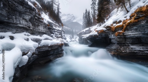 A mesmerizing view of a small mountain waterfall with snowy edges and misty ambiance. © Sergey