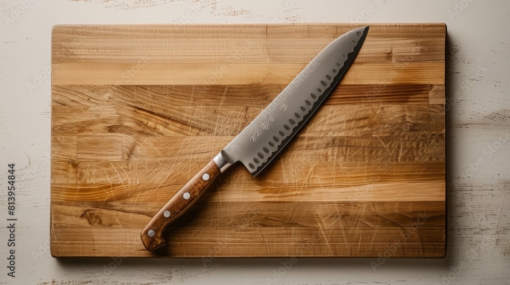 An overhead view of a Santoku knife with a wooden handle on a striped wooden cutting board.