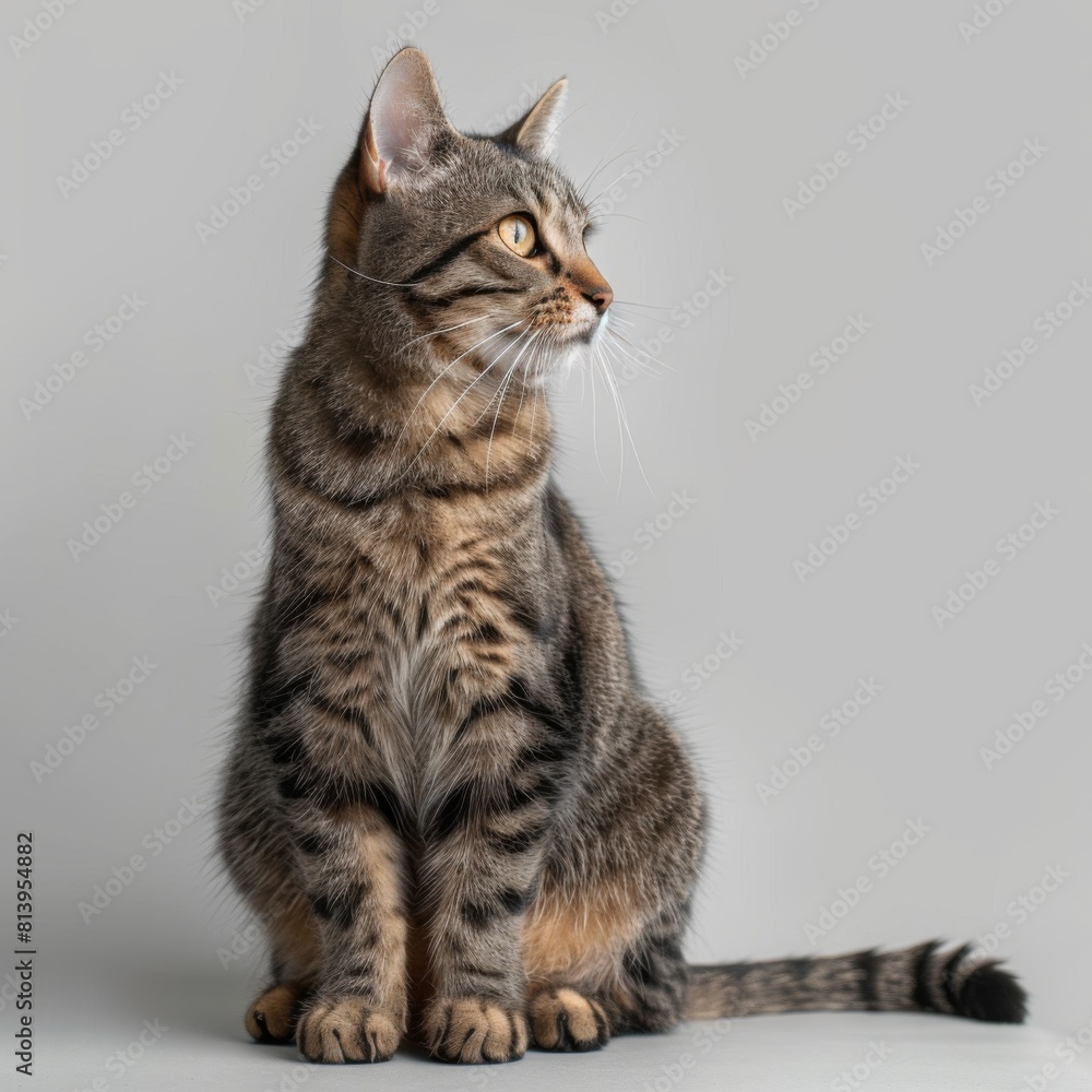 Studio portrait of a sitting tabby cat with a focused gaze against a neutral background.