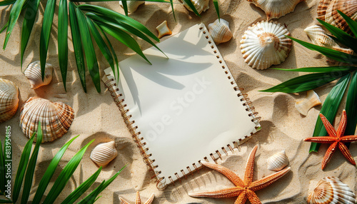 A blank notebook sits on a beach with shells and seaweed by AI generated image