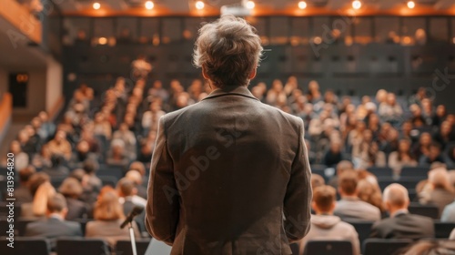 A motivational speaker is addressing an attentive audience at a conference, seen from behind with onlookers facing forward.