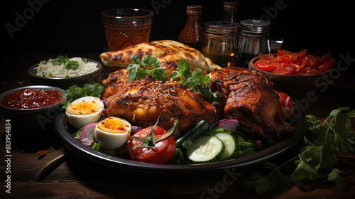 Delicious Chicken Tangri kabab Chicken Leg Pieces Marinated with Red Sauce Then Grilled and Served with Salad on Blurry Background