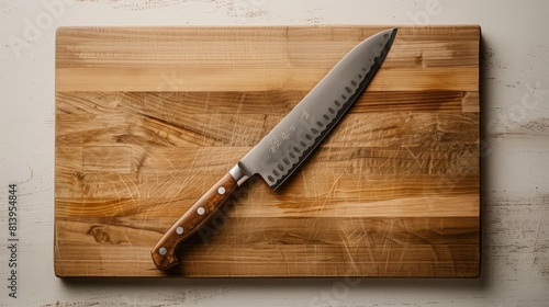 An overhead view of a Santoku knife with a wooden handle on a striped wooden cutting board. photo