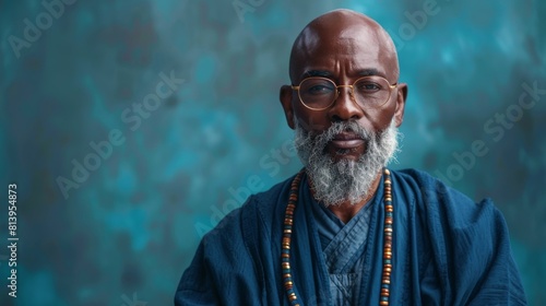 A serene-looking spiritual leader with a grey beard, wearing beads and blue robes, isolated on a blue background. photo