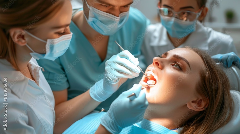 A Caucasian male dentist and a female dental nurse examining a female patient in a dental office. A Caucasian male dentist and a female dental nurse examining a female patient in a dental office.
