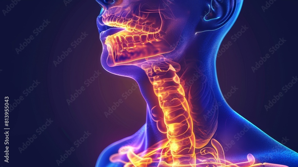 Digital visualization of human neck and jaw anatomy, highlighted in orange and blue, showing bones and throat structure in a dark background. Digital visualization of human neck and jaw anatomy, highlighted in orange and blue, showing bones and throat structure in a dark background.
