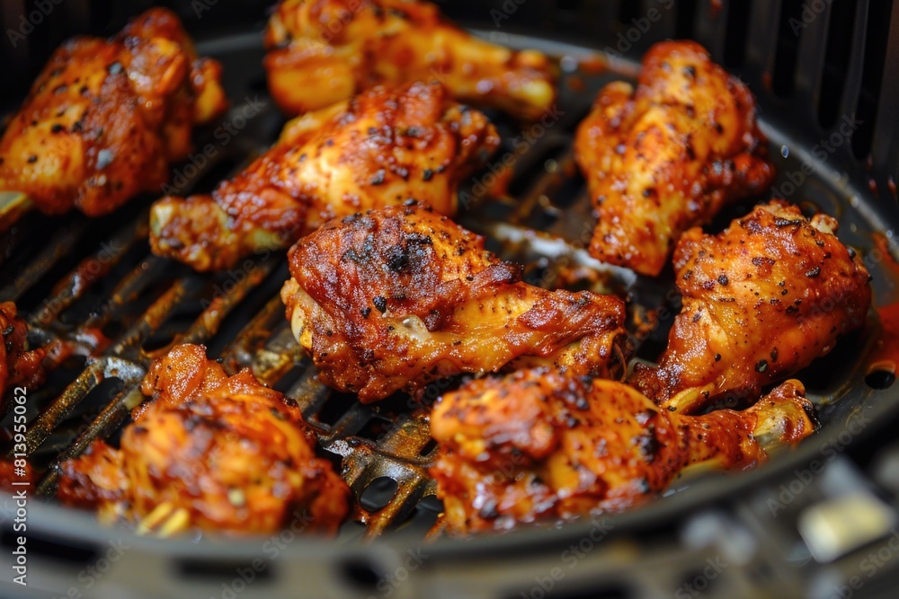 Close up of chicken wings cooking on a grill. Perfect for food and cooking concepts