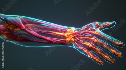 Vibrant digital representation of the anatomy of a human hand, showcasing muscles and tendons in vivid colors against a dark background. photo