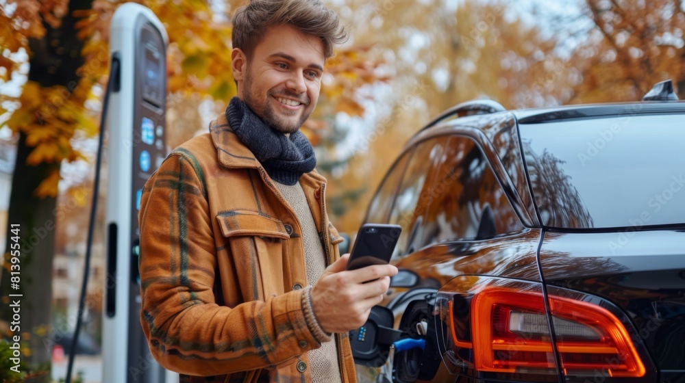 Young man smiling while using his smartphone and charging an electric car at a charging station in autumn.