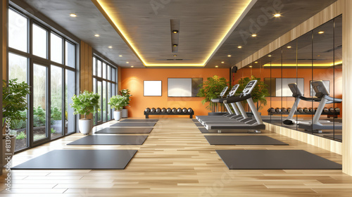 Spacious Modern Fitness Room with Natural Lighting and Sleek Equipment. Perfect for Health and Lifestyle Features