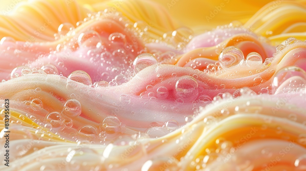 Fototapeta premium A detailed view of various-colored soap bubbles in water, including yellow, pink, orange, and white