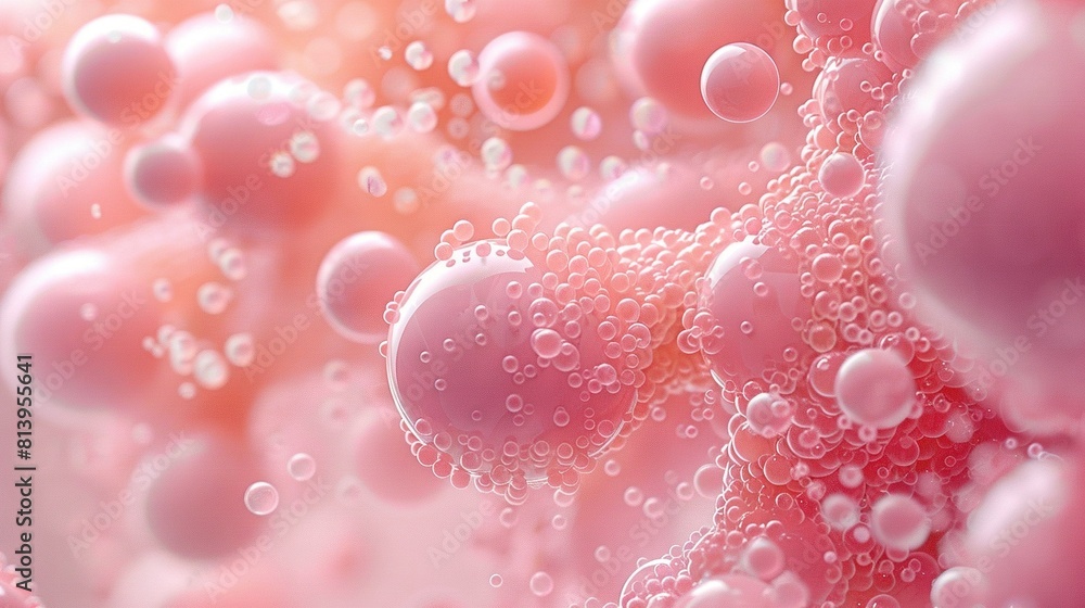 A close-up of colorful bubbles on a pink and white background, with many water droplets at their base A close-up of colorful bubbles on a pink and white background, with many water droplets at their base