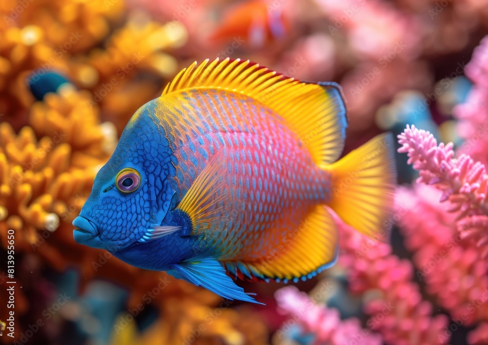 A vibrant fish explores coral reef underwater A vibrant fish explores coral reef underwater