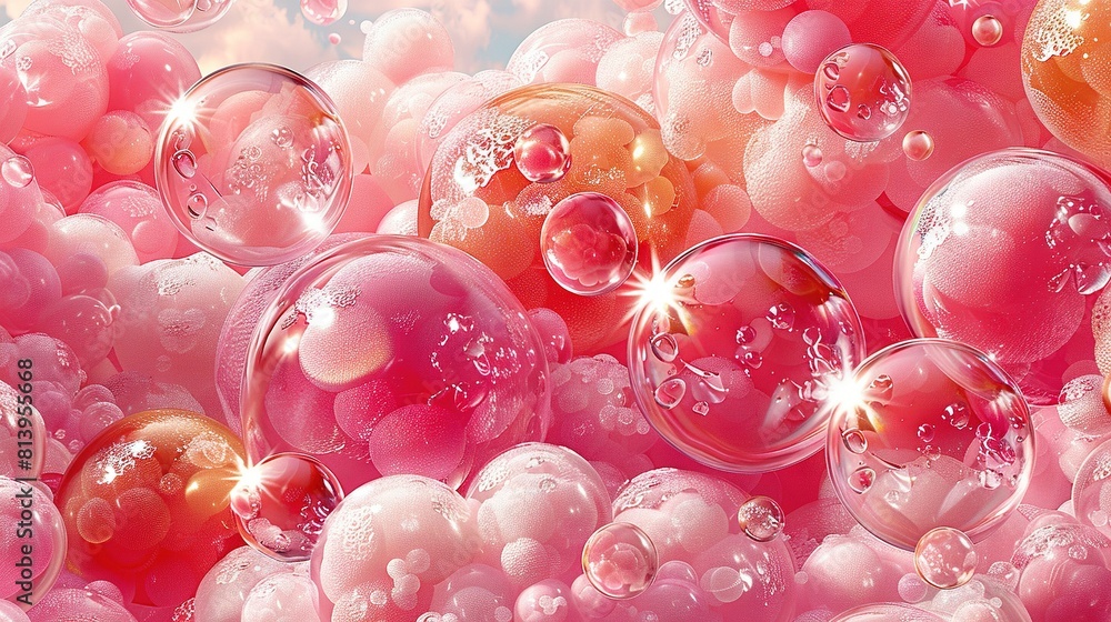  Bubbles float on blue-pink background with sky in the background