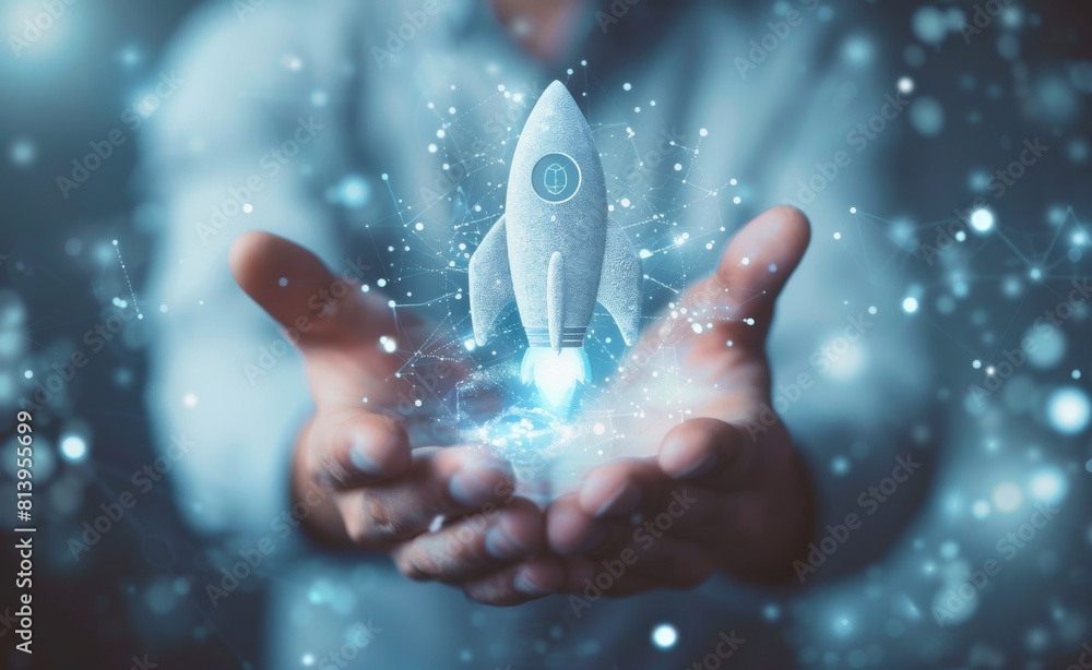 Innovative businessman launches a holographic rocket from his hand, symbolizing startup success and futuristic technology Innovative businessman launches a holographic rocket from his hand, symbolizing startup success and futuristic technology