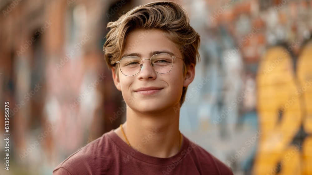 A smiling young man with glasses, stylish hair, and a maroon t-shirt against a blurred graffiti wall. A smiling young man with glasses, stylish hair, and a maroon t-shirt against a blurred graffiti wall.