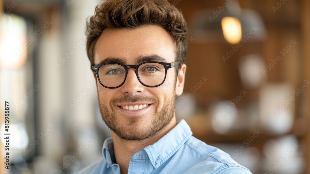 Portrait of a smiling businessman with glasses in a blue shirt, exuding confidence and approachability. Portrait of a smiling businessman with glasses in a blue shirt, exuding confidence and approachability.