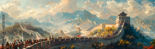 Generate an image of tourists visiting the Great Wall of China walking along its ancient battlements and marveling at panoramic views of the surrounding countryside. photo