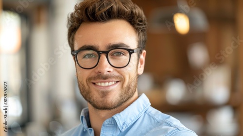 Portrait of a smiling businessman with glasses in a blue shirt, exuding confidence and approachability.