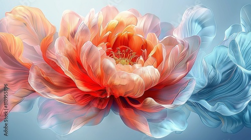   Orange-blue flower on blue canvas with central white-red bloom photo