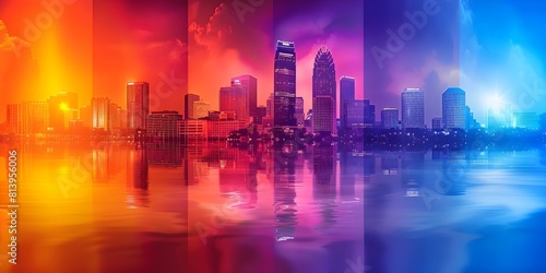 Charlotte, North Carolina city skyline in vibrant four-color palette against colorful backdrop. Concept Charlotte Skyline, Vibrant Colors, Four-color Palette, Colorful Backdrop, Urban Landscape photo