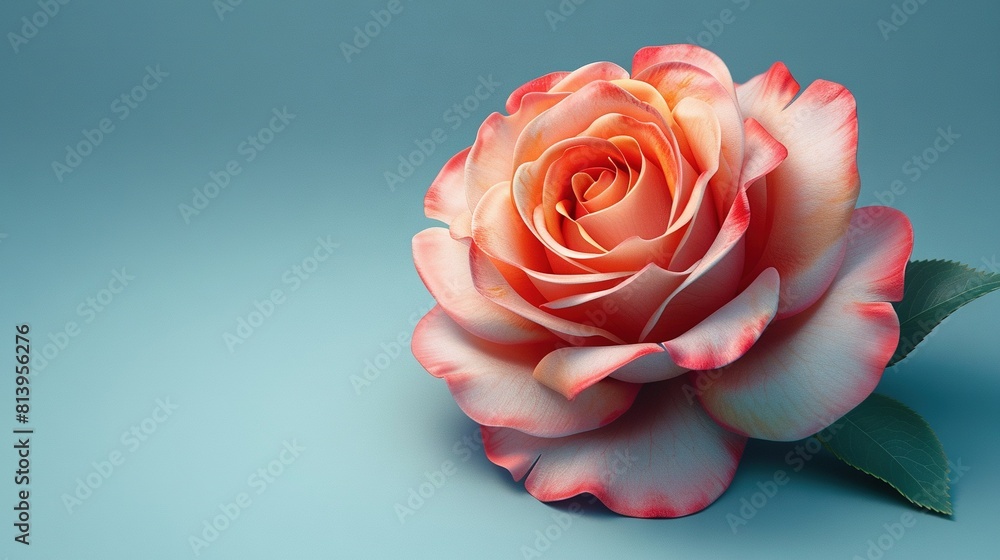 Fototapeta premium A pink rose on a blue background, with leaves on both ends of the stem