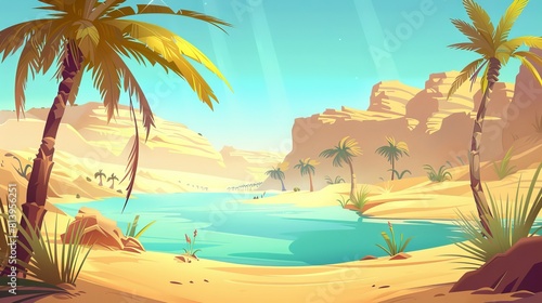 Cartoon illustration of palm tree in desert oasis. Sahara lake egyptian summer mirage. Hot African season wallpaper. Animated arabian nature scene for game backgrounds.