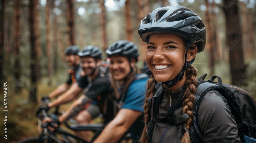 A group of cheerful friends wearing cycling helmets and gear, enjoying a break in a forest setting.