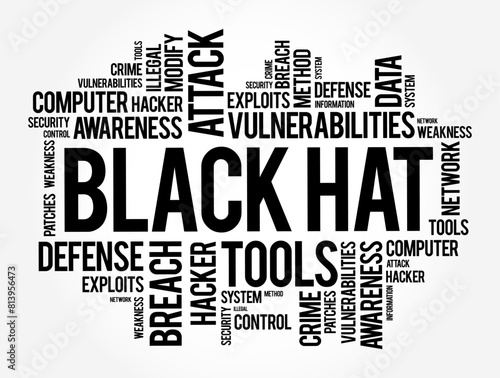 Black Hat is a hacker who violates computer security for their own personal profit or out of malice, word cloud concept background