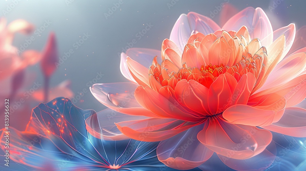   A pink flower close-up against a blue and pink backdrop with water lilies in the foreground