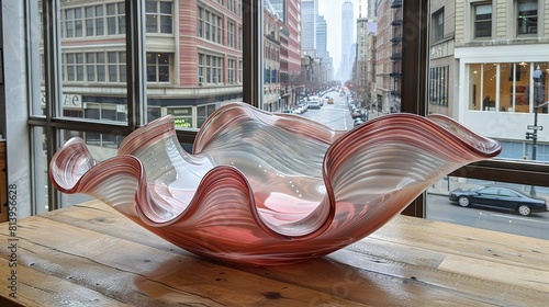   A glass bowl perched atop a wooden table, affording a street view through the window photo
