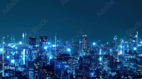 smart city connected with lines and dots  big data connection technology metaverse concept. City background