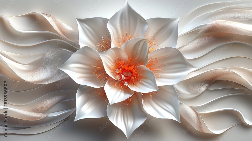 A white flower with a red center surrounded by white and orange fabrics on a white background A white flower with a red center surrounded by white and orange fabrics on a white background