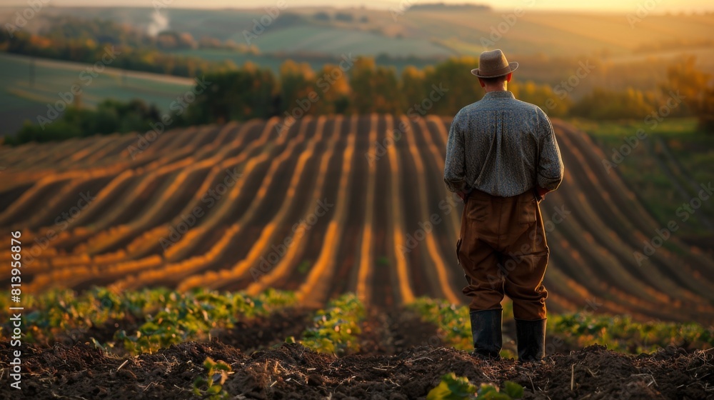A farmer stands in a field at sunset, surveying rows of tilled soil, evoking a sense of rural life and agriculture.